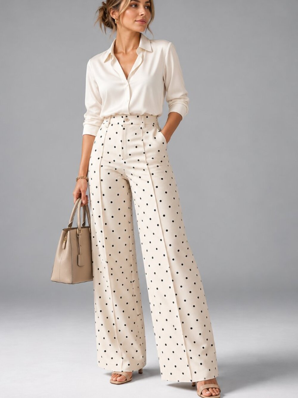 Missguided Cream Black Polka Dot High Rise Wide Leg Trousers Size Small